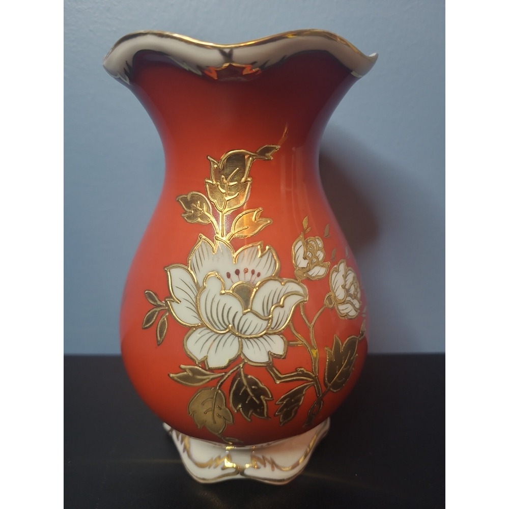 Vintage Jlmenau Graf Von Henneberg Vase Echt Kobalt Orange & Gold Germany